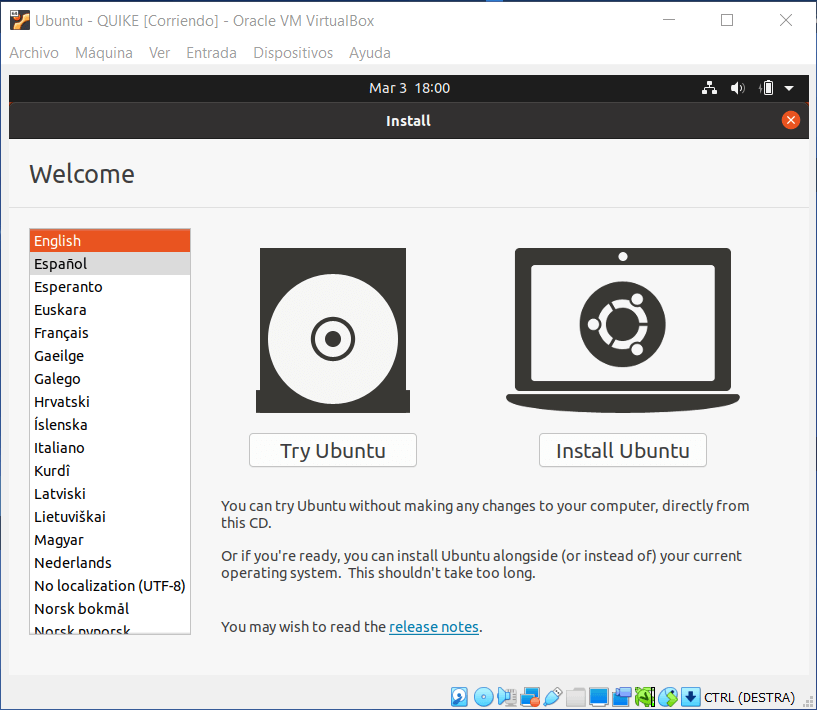 instalar ubuntu seleccionar idioma