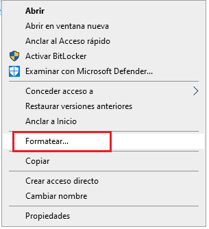 menu contextual formatear memoria usb