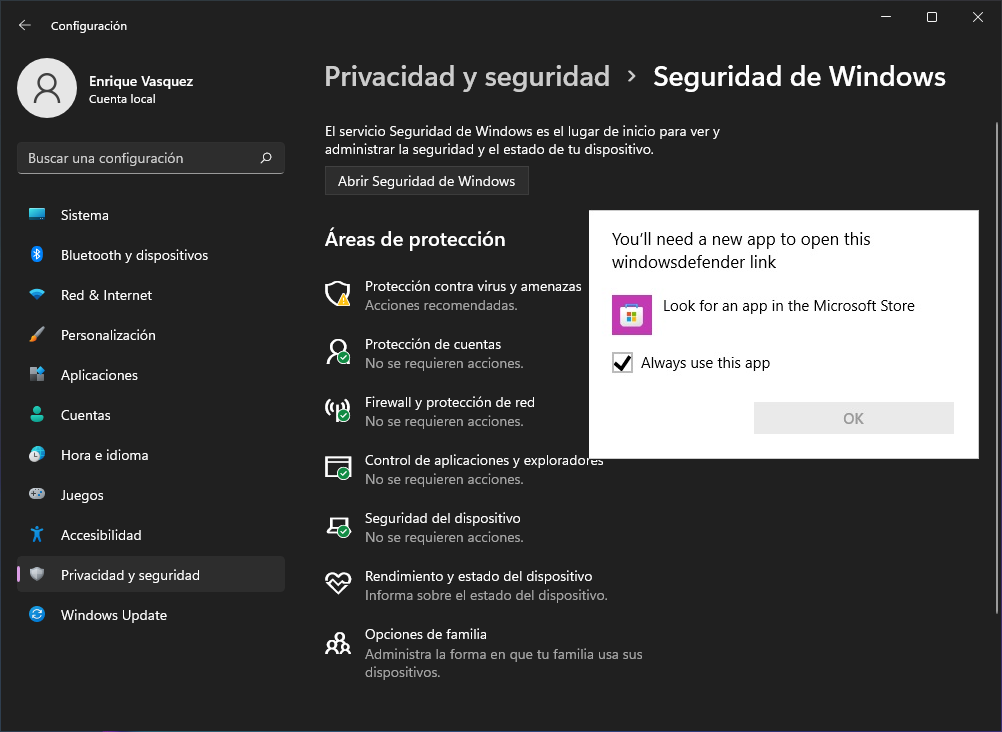 Seguridad Windows mensaje error