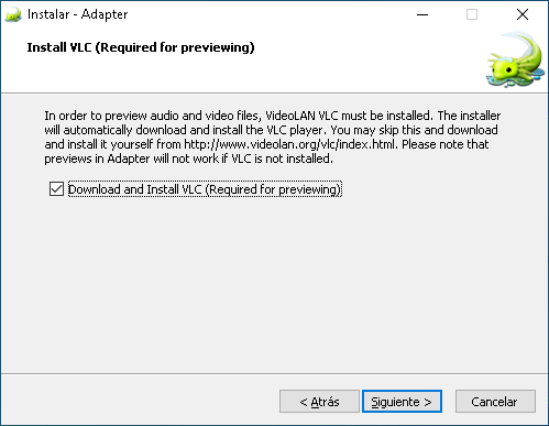 Dejamos seleccionado la descarga de VLC si no tenemos algun programa de visualización de videos ya isntalado. caso contrario deseleccionamos y presionamos en SIGUIENTE